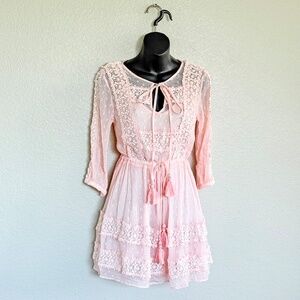 Baby Pink Coquette Boho Sheer Crochet Lace Mini Dress | Chelsea & Violet Small